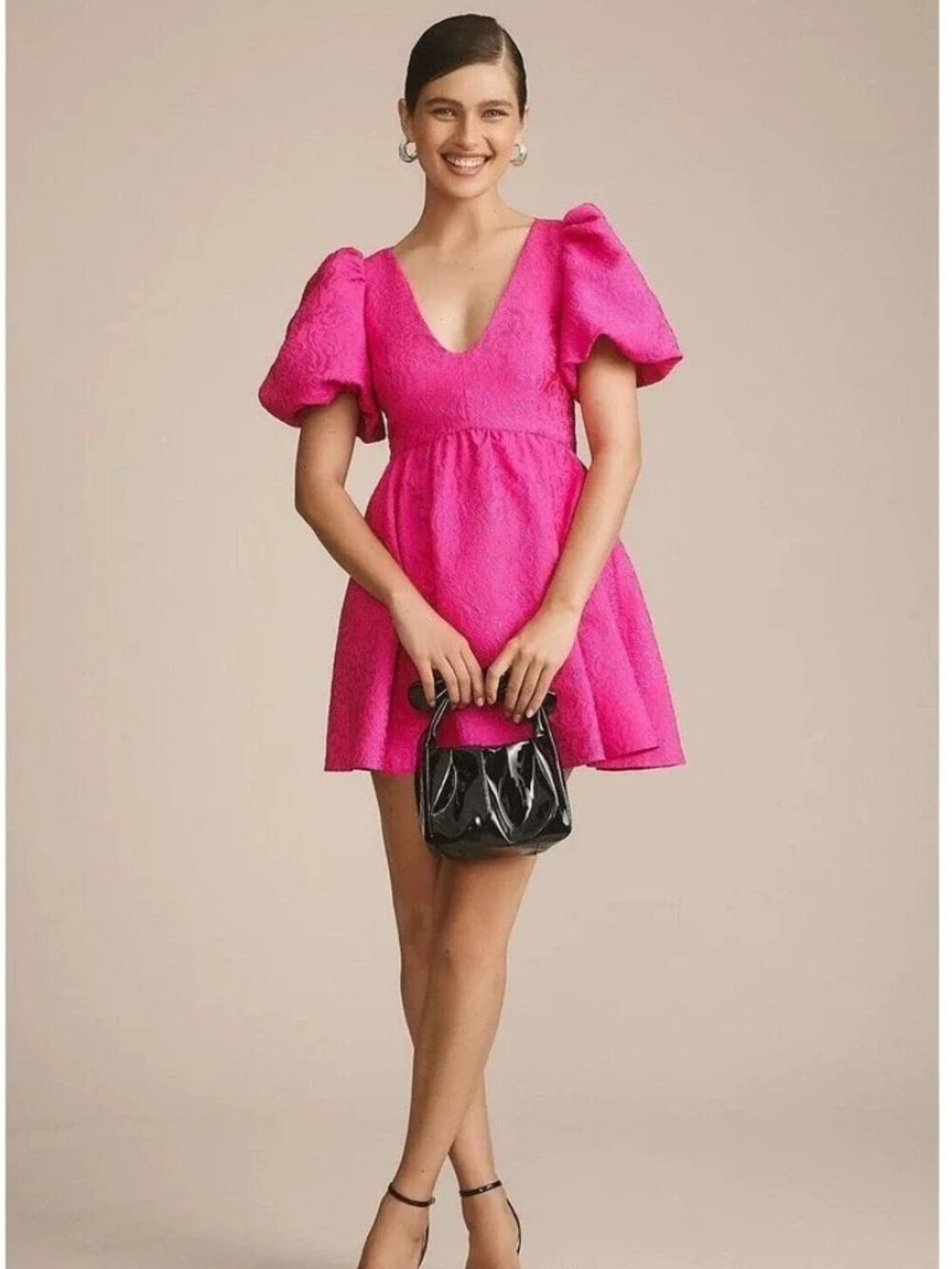 Sachin + Babi Puff-Sleeve Dress Mini Dress size XS Hot Pink Textured